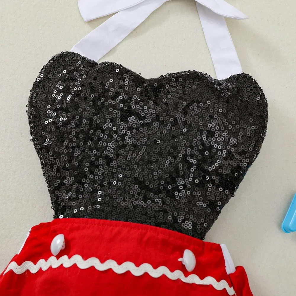Minnie Mouse Baby Girls Sequin Romper Jumpsuit & Ear Headband Outfit Set